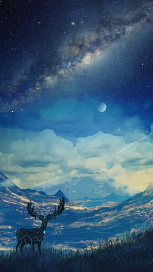 一隻幾何鹿在積雪的山谷中，下方是星空夜空，有銀河和新月。