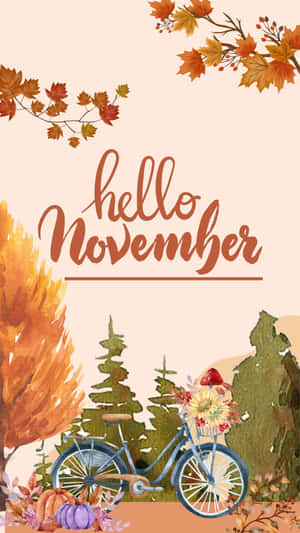 藍色單車配花籃和南瓜，在秋季森林中，帶有「hello November」文字。
