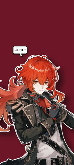 紅髮黑服的動漫角色看起來很驚訝，對話框裡寫著「什麼？」