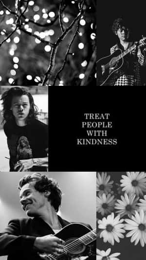 Harry Styles 在黑白拼貼畫中彈結他，配上雛菊和善良語錄。 — 哈利波特 美學 GIF 壁紙