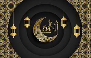 黑色背景上帶有金色燈籠和新月的Eid Mubarak祝福。