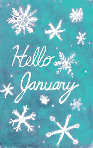 帶有白色雪花和草書 Hello January 文字的青綠色水彩背景。