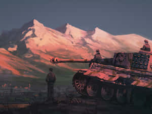 士兵和坦克在日落時面對雪山 — 坦克 壁紙
