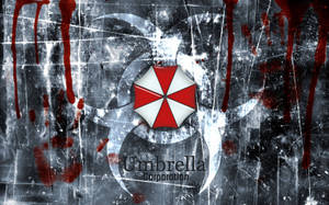 Umbrella Corporation 標誌，帶有血跡和刮痕的牆壁。