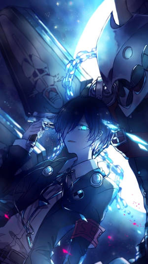 發光眼睛的動漫男孩瞄準槍，身後有一個機械騎士站在星空之夜。