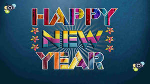 藍色背景上帶有彩色字母和花朵的Happy New Year圖形