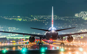 一架大型飛機在夜間停在濕滑的跑道上，背景有城市燈光。