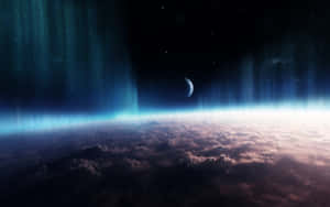 藍色極光在新月和星空下照亮行星的雲層。 — 行星 壁紙