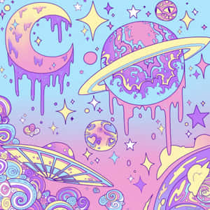 夢幻宇宙插圖中滴落的柔和色行星、星星和UFO。