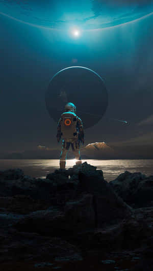 太空人在外星海岸觀看黃昏時發光的月亮和山脈。