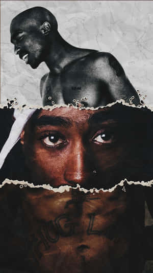 Tupac Shakur肖像拼貼畫，帶有撕紙效果和可見的紋身。