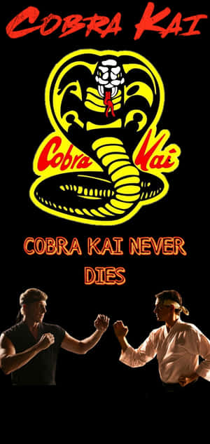 兩名武術家在 Cobra Kai 標誌下擺出戰鬥姿勢，標語為 Cobra Kai Never Dies。