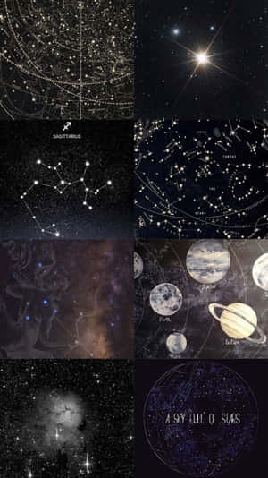 天體拼貼畫，包含星圖、星座和太空中的行星。