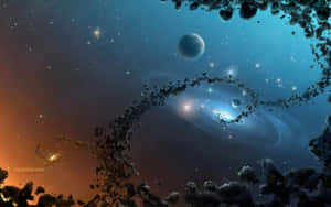 一個被小行星和行星包圍的螺旋星系，色彩繽紛的宇宙場景。 — 銀河系 壁紙