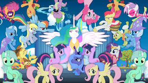 My Little Pony角色聚集在一個節日氣氛、色彩繽紛的場景中。