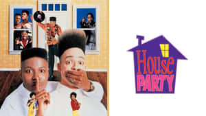 《House Party》電影海報，特色是角色以俏皮姿勢和紫色房子標誌。