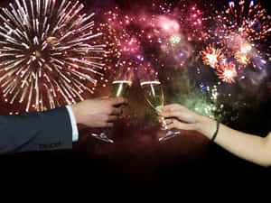 兩人在夜晚煙火下用香檳祝酒。 — 新年動畫 壁紙