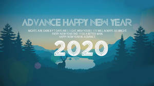 一隻鹿站在黃昏時分山中的湖邊，帶有「2020」和新年祝福文字。