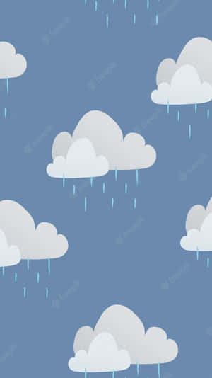 白色卡通雲在藍色天空背景上降下淺藍色水滴。