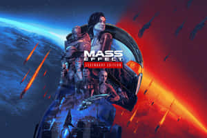 Mass Effect角色在太空中，背景是藍色和紅色星雲及流星。 — 音樂美學 壁紙