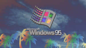Windows 95 標誌與彩虹棕櫚樹，在陰暗天空下帶有像素故障效果。 — 簡約美學筆電 壁紙
