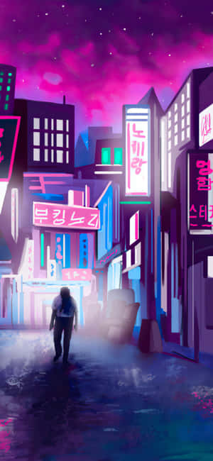 夜晚，一個人在霓虹燈閃爍的雨街上獨自行走。