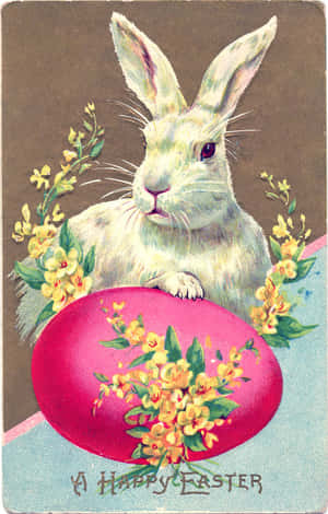 白兔拿著粉紅復活蛋，上有黃花及文字 'A Happy Easter'。