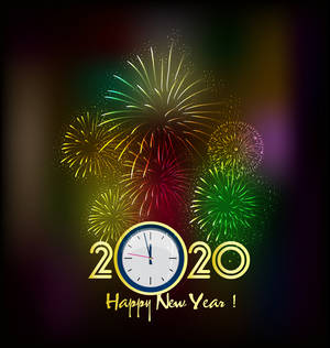 午夜時鐘與煙火，以及「Happy New Year 2020」文字。