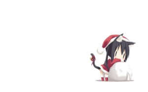 戴聖誕帽的可愛動漫女孩抱著白色袋子