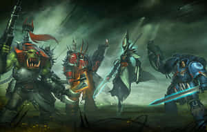 四位身穿鎧甲的奇幻戰士，手持發光武器，站在暴風雨戰場上。