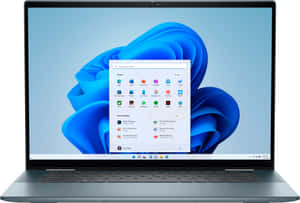 筆記型電腦顯示Windows 11開始功能表，帶藍色抽象背景。