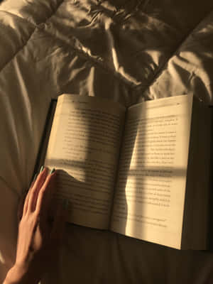 手拿著打開的書在床上，陽光投下陰影