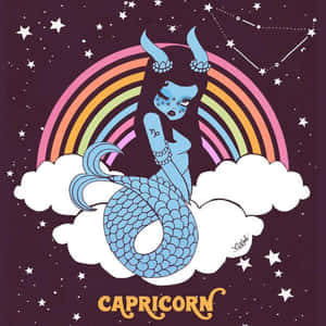 藍色有角的山羊座美人魚坐在星空彩虹下的雲端上。