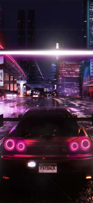 夜晚潮濕霓虹燈街道上的粉紅色跑車 — ROG Phone 9 壁紙
