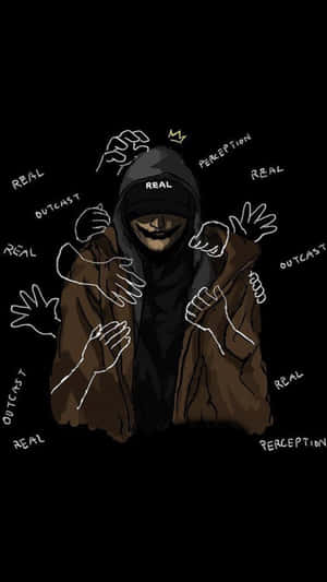 一個穿著 hoodie 嘅蒙面人物，被漂浮嘅手同埋 real、perception 等詞語包圍。 — 省電 壁紙