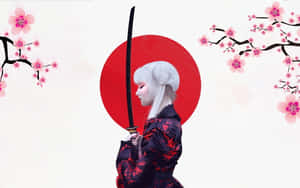 動漫女武士身穿和服，在櫻花下持刀，背景為紅色太陽。 — 黑暗日系 壁紙