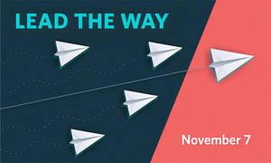 白色紙飛機編隊飛行，帶有「LEAD THE WAY」文字及11月7日日期。