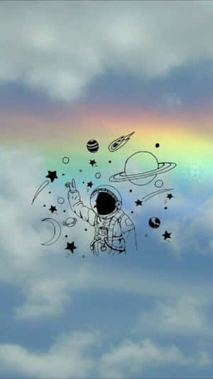 太空人在多雲的天空中指著彩虹和太空物體