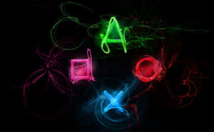 黑暗背景上發光的霓虹PlayStation控制器符號