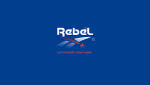 在藍色背景上帶有飛機圖形和標語的Rebel品牌標誌。 — 螢幕保護 壁紙