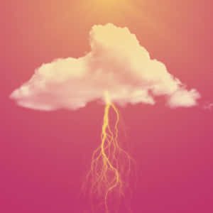 一朵發光的雲，帶有分支的閃電，在粉紅和橙色的天空中墜落。