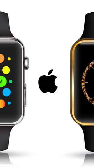 兩隻Apple Watch帶有不同錶面面對面，中間有Apple標誌。