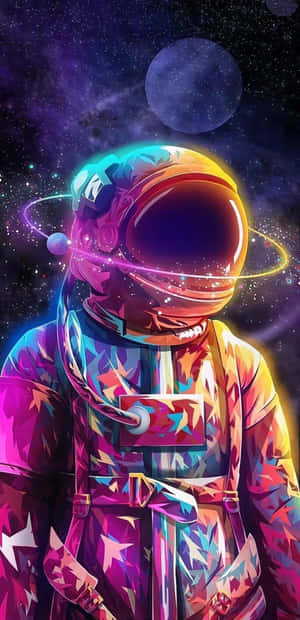 一個穿著星星圖案太空衣的彩色太空人，在太空中漂浮，周圍有發光環和行星。