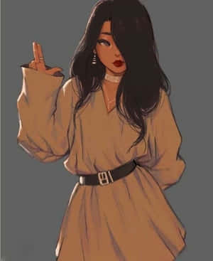 黑髮紅唇的動漫女孩，穿著帶黑色腰帶的米色連衣裙，做出和平手勢。