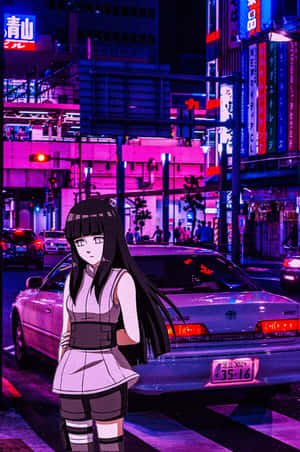 夜晚霓虹燈下的城市街道上的動畫女孩