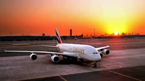 日落時分，阿聯酋航空A380飛機停在停機坪上，背景是杜拜天際線。