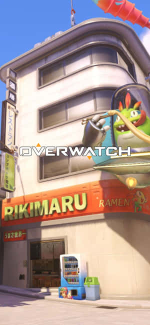 Overwatch拉麵店，外星人吉祥物在建築上方飛行 — iPhone 17 壁紙