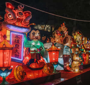 夜間文化節上，造型為動物和人物的彩色發光燈籠。 — 中國新年 壁紙