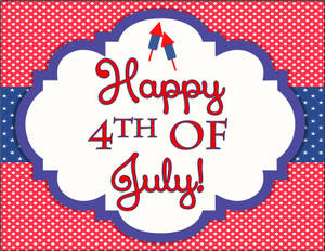 Happy 4th of July 問候，帶有煙花和星星，背景為紅白藍波點。