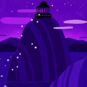 紫色山峰與寺廟在星空夜空下